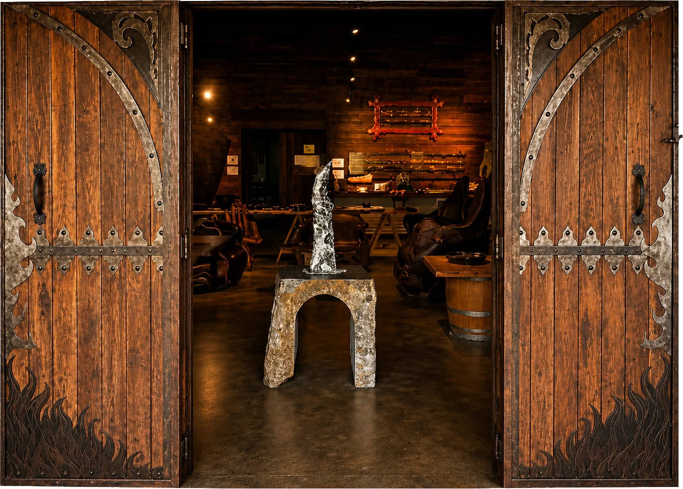 Open timber gallery doors leading into Fishermans Road Art Gallery