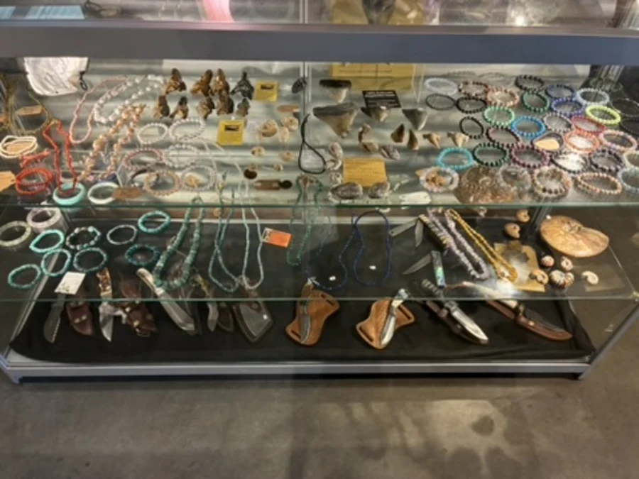 Glass jewellery display case inside the gallery